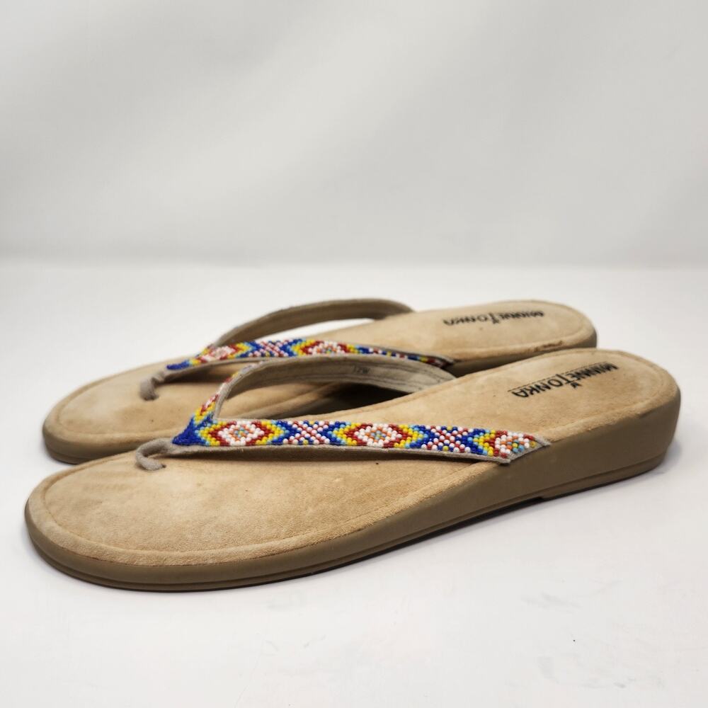 Minnetonka Beaded Thong Toe Post Sandal Leather Suede Women Size 12 W Slip On - Picture 4 of 8